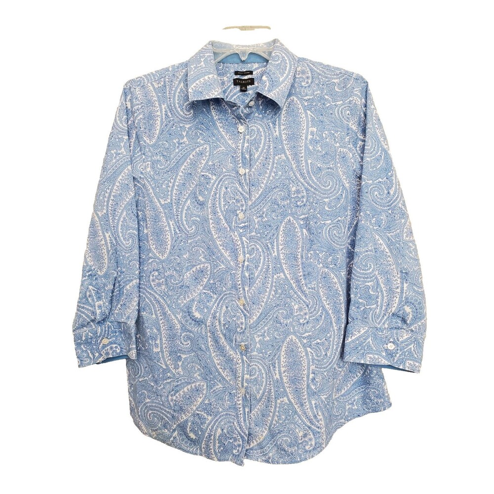 Talbots Wrinkle Resistant Cotton Blend Blue Paisley 3/4 Sleeve Button-Up Top 12